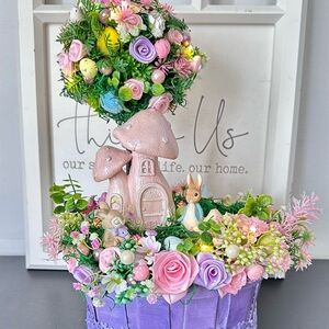 Handmade  Easter topiary fairy garden with bunnies fairy lights centerpiece